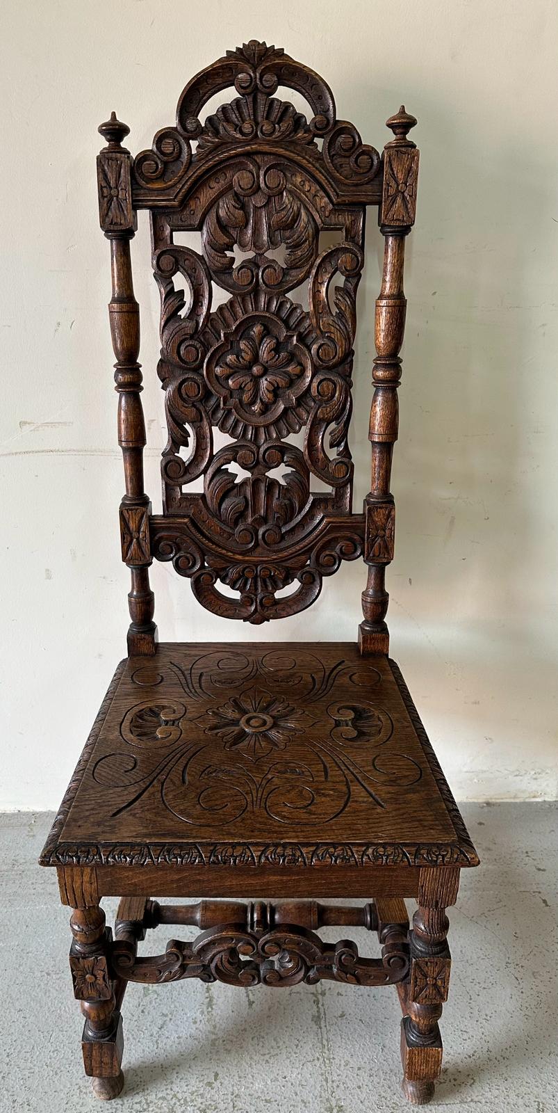 A pair of Victorian style oak hall chairs with carved seats and back, turned supports ending in - Image 2 of 6