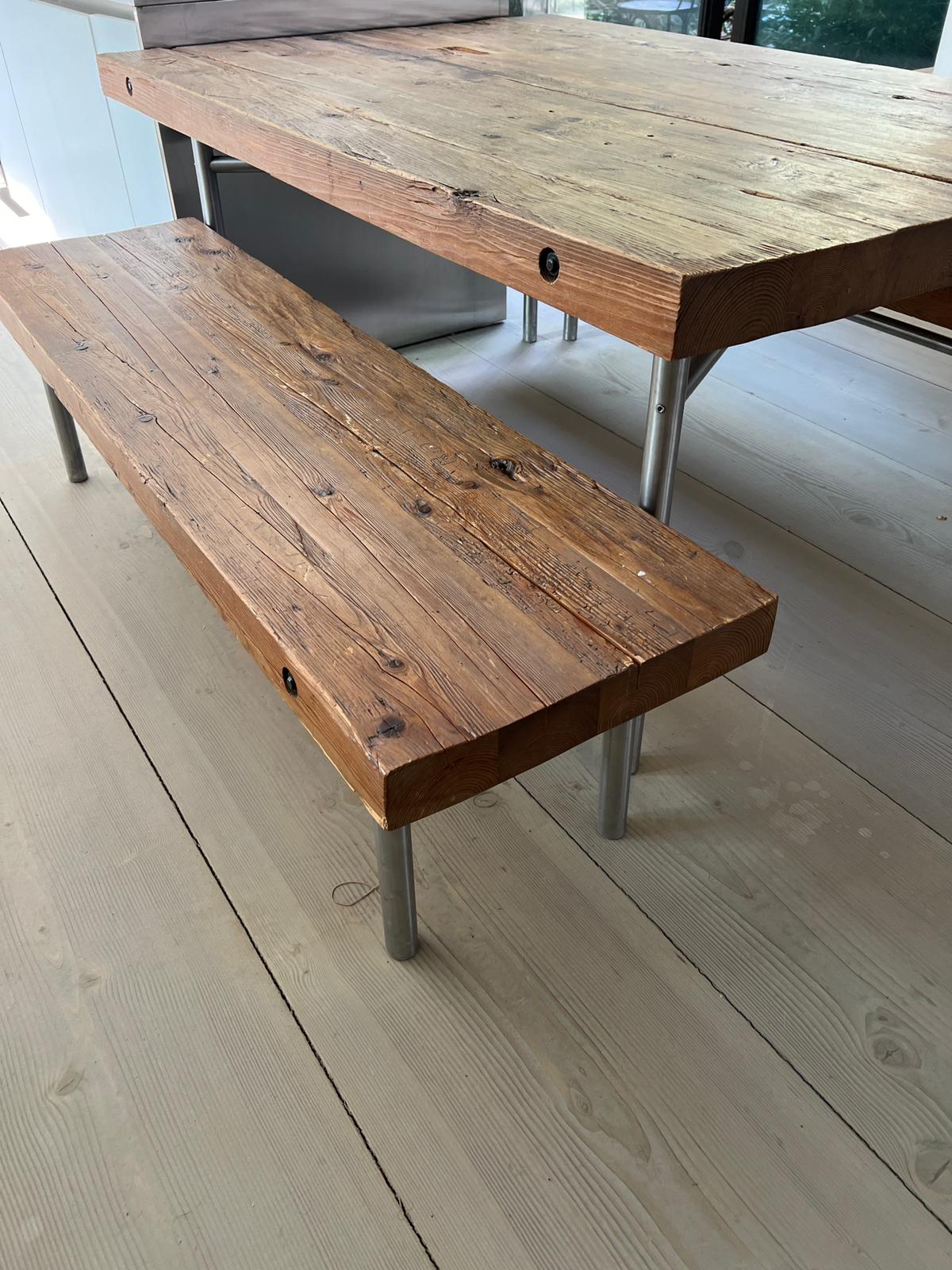 A solid oak reclaimed table with plank top and bench seats on chrome legs (H81cm W180cm D118cm) ( - Image 4 of 8