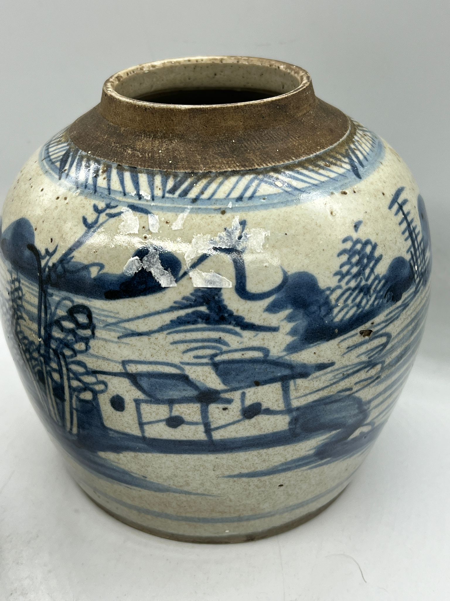 Two blue and white ginger jars in ovoid form landscape design (H18cm) - Image 3 of 4