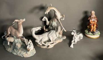 A selection of AF porcelain figures to include Lladro Playful horse no 4597, Fierce pursuit deer and