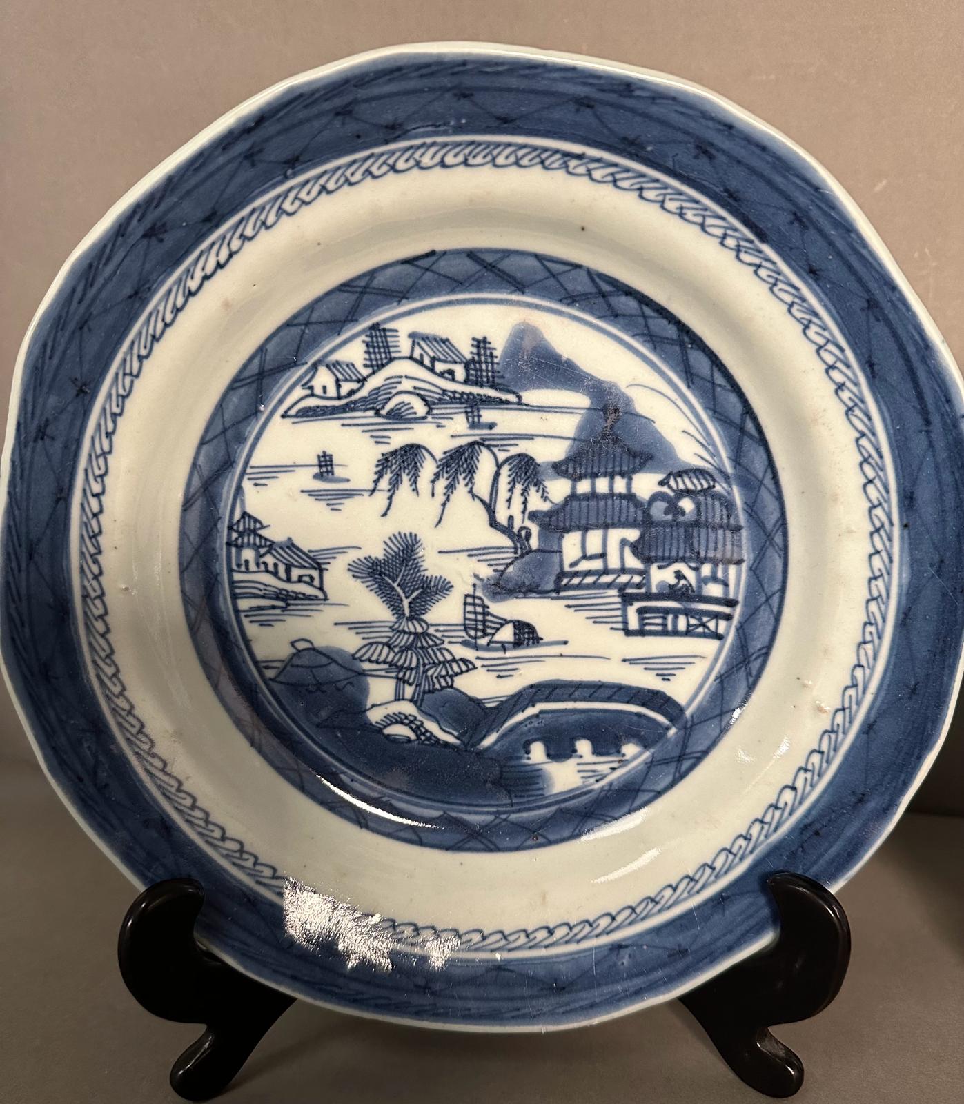 Two Chinese blue and white bowls with village country scene patterns - Image 3 of 8