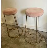 Two velvet top stools on brass style base (H74cm Dia34cm)