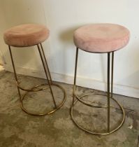 Two velvet top stools on brass style base (H74cm Dia34cm)