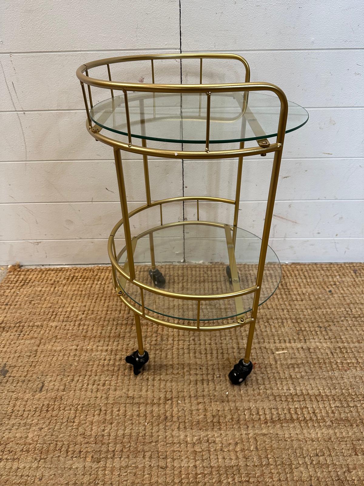 A glass and brass effect drinks trolly with galleried top (H60cm Dia38cm) - Image 3 of 3