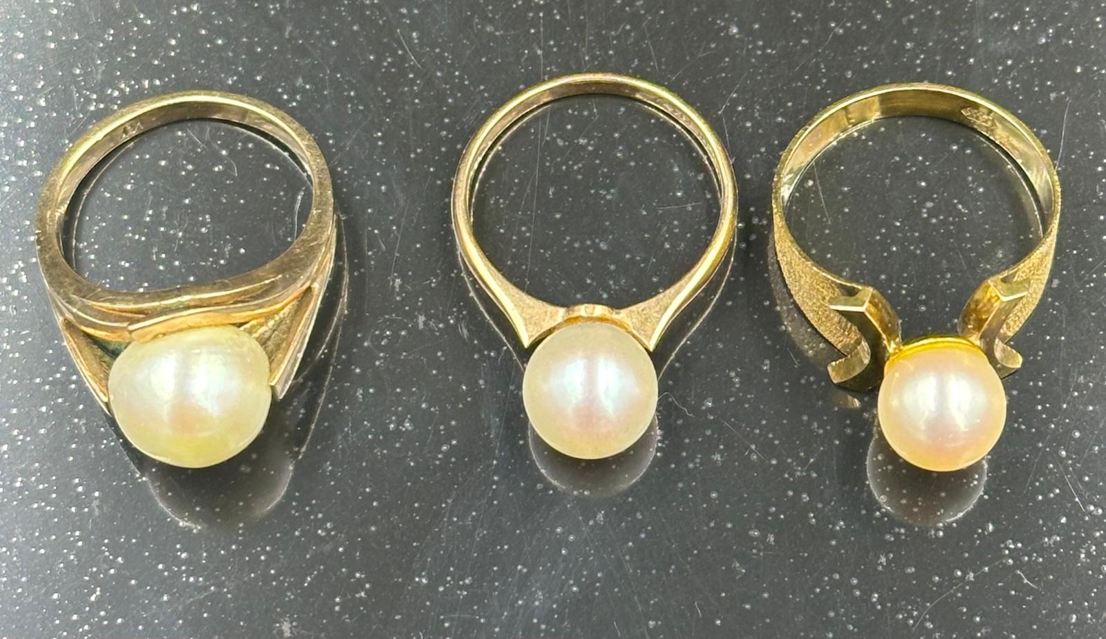 Three 14ct gold pearl rings in various styles, with an approximate weight of 10.6g. - Image 2 of 2