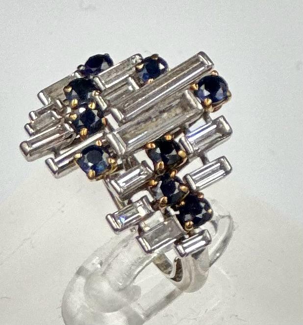 A vintage sapphire baguette cut diamond cocktail ring, diamond 1.2ct and sapphire 0.25ct, untested - Image 5 of 7