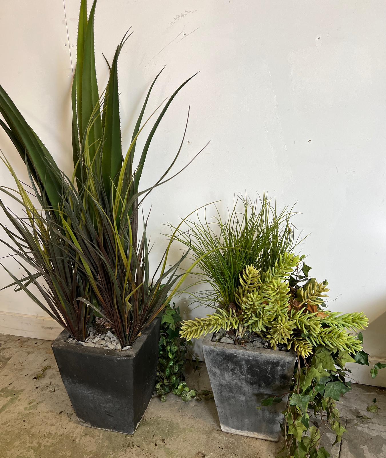 Two garden planters with faux perennial plants (H35cm)