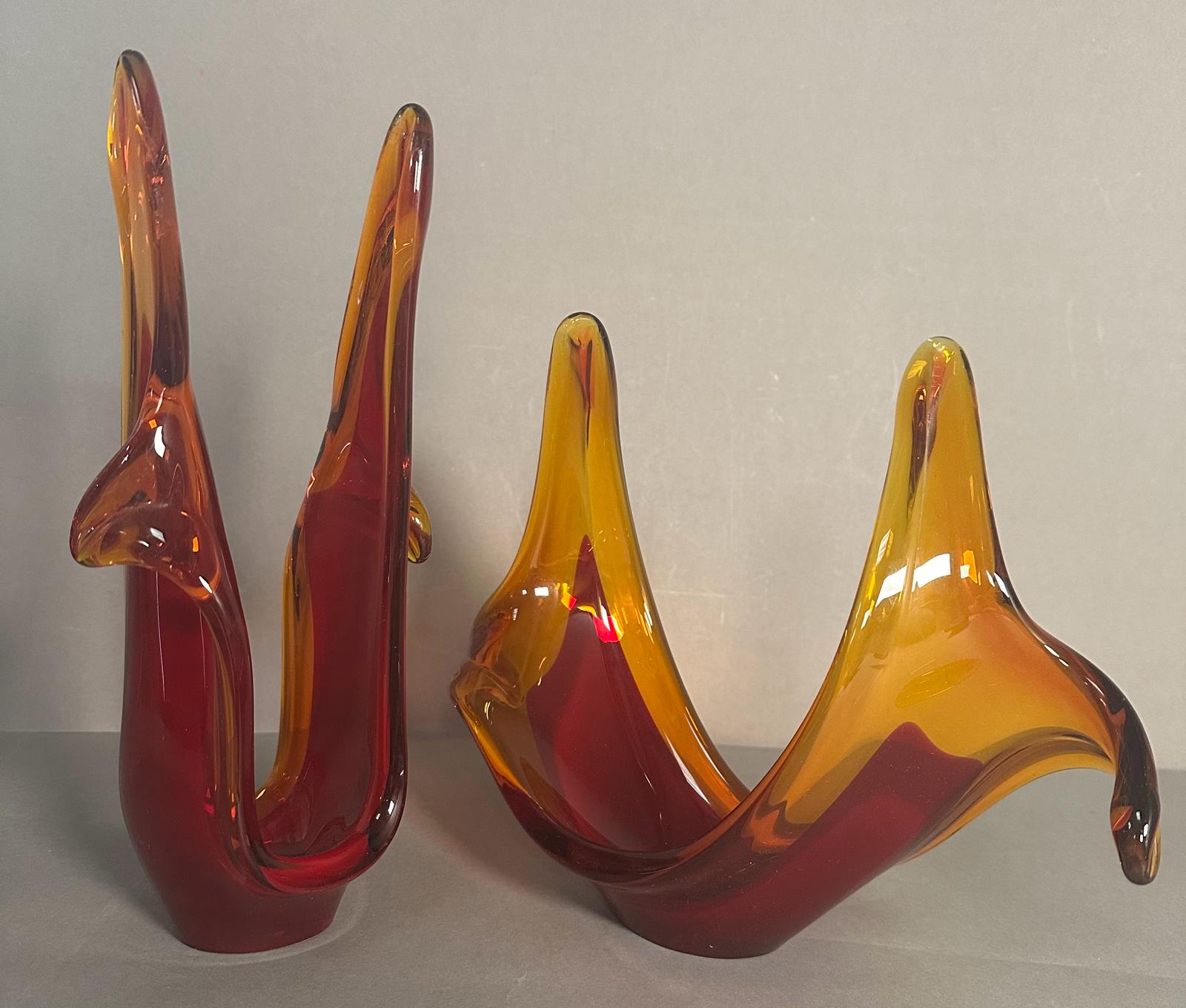 Two contemporary art glass vases in cranberry and yellow