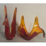 Two contemporary art glass vases in cranberry and yellow