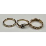 Three 9ct gold rings, various styles and finishes with approximate total weight 5.4g.