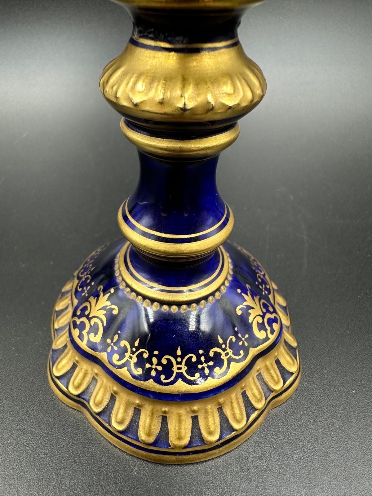 An early 20th Century Coalport, three handled goblet with blue grounds under a acid etch gilt - Image 5 of 5