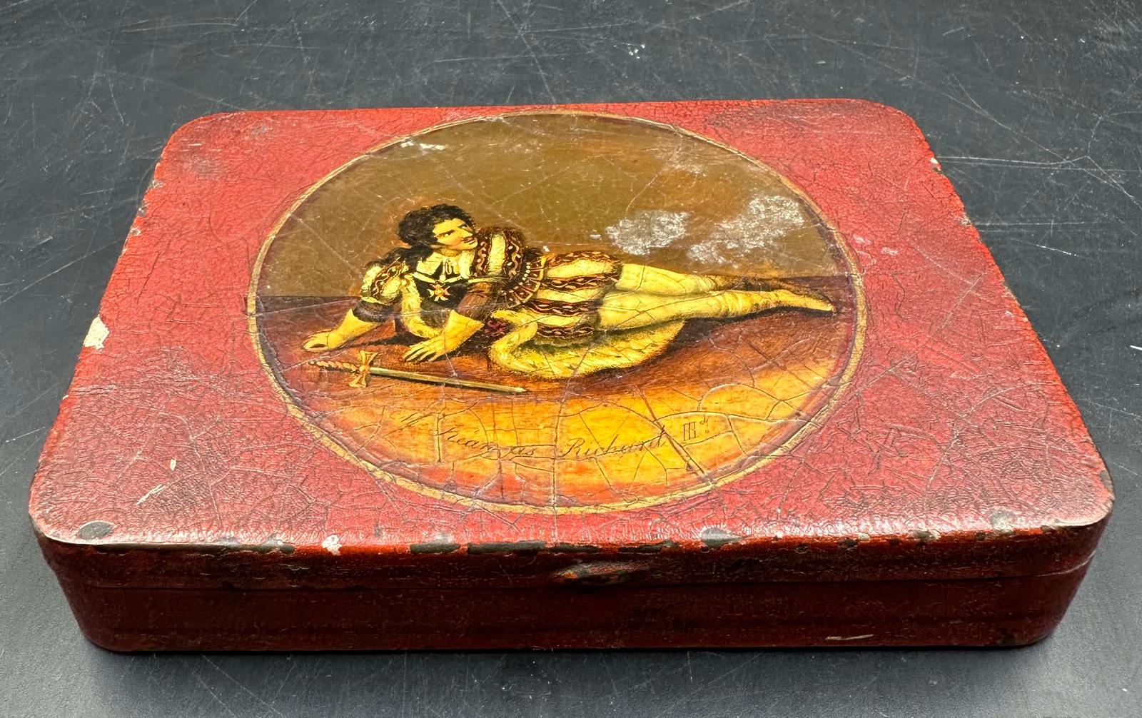 A vintage trinket tin painted with and image of Edmund Keane as Richards III