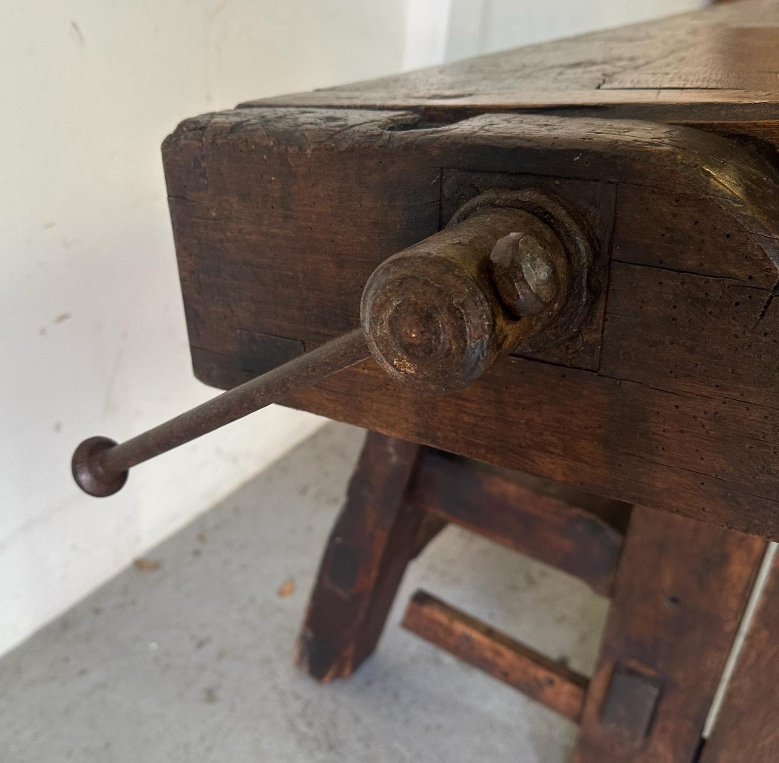 A vintage oak work bench with cast iron vice handles and an A frame base with cross stretcher (H79cm - Image 7 of 7