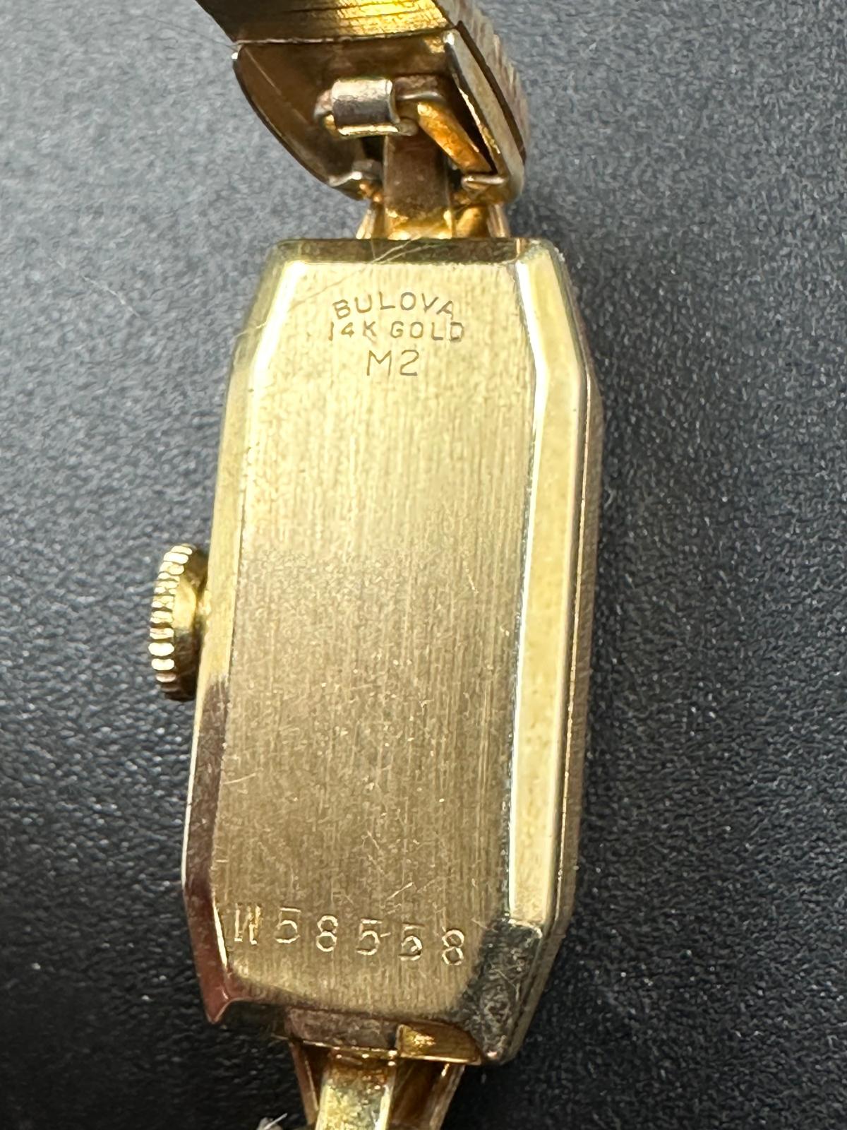 A 14k yellow gold Bulova ladies wristwatch on gold plated bracelet with original box etc - Image 6 of 6