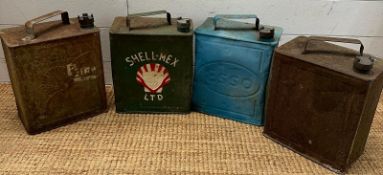 Four vintage fuel cans to include Shell-Mex, Esso ad Shell Aviation Spirit