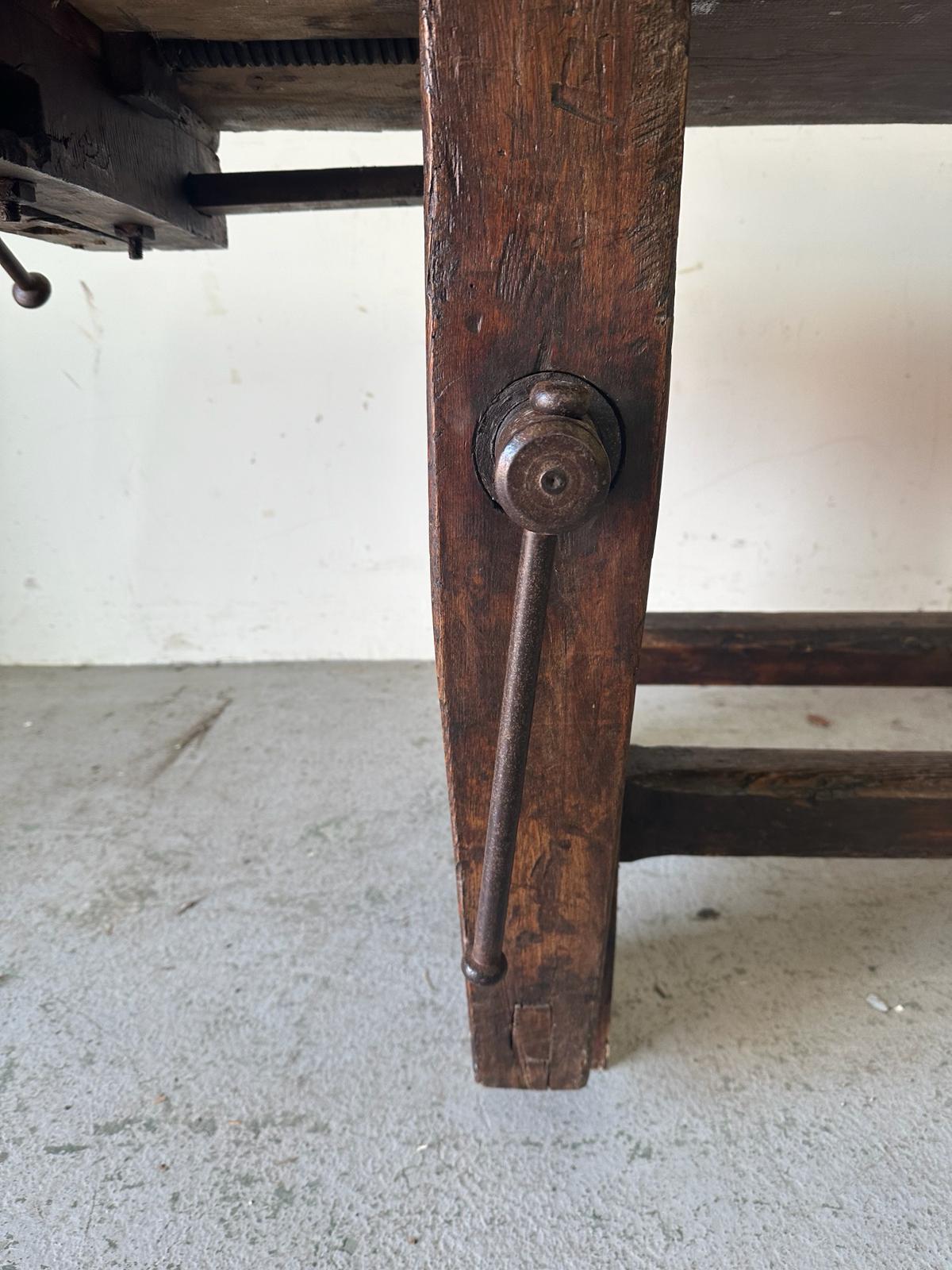 A vintage oak work bench with cast iron vice handles and an A frame base with cross stretcher (H79cm - Image 6 of 7