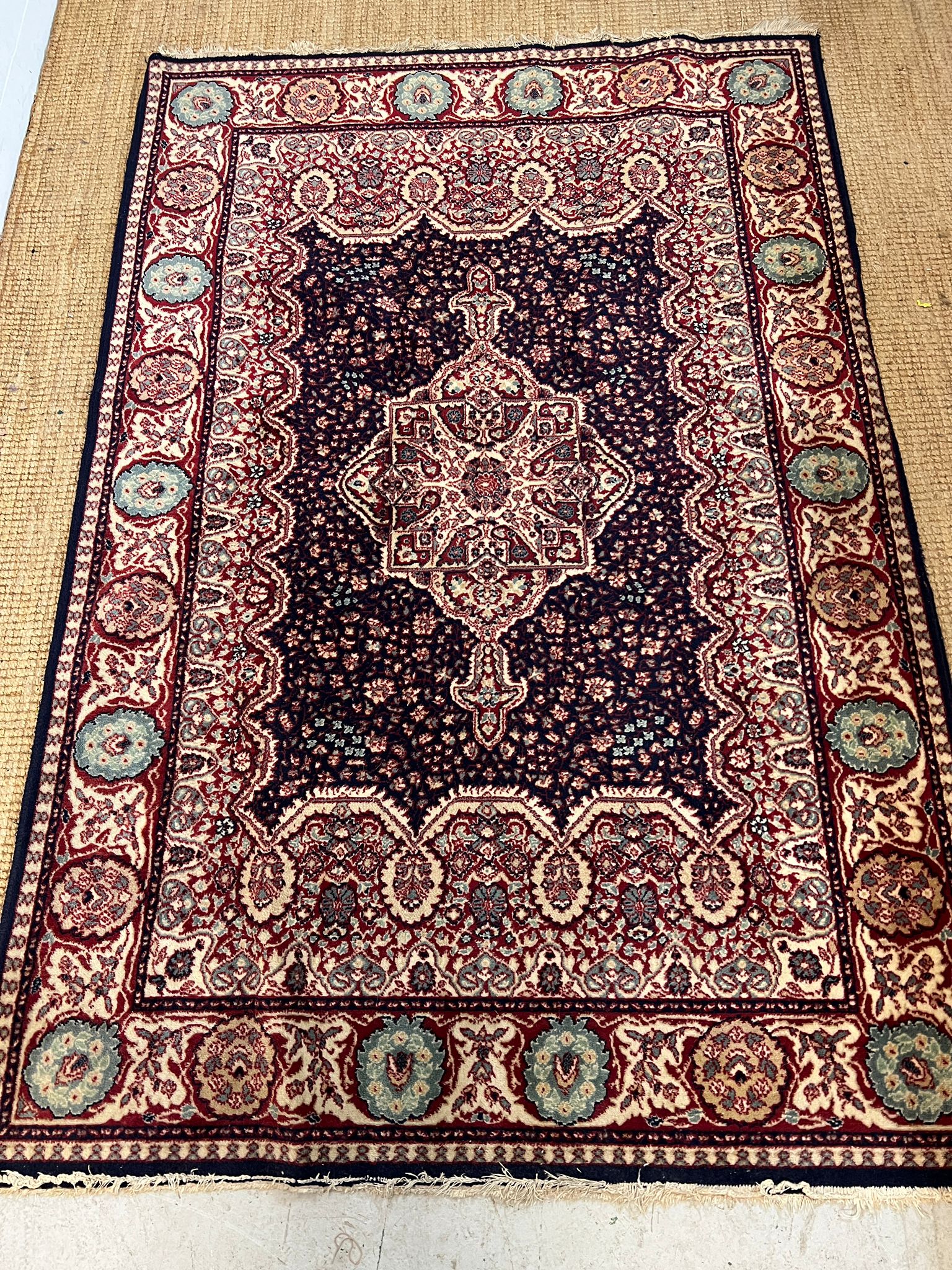 A red ground Wilton rug with dark blue central panel with medallion 200cm x 134cm - Image 3 of 4