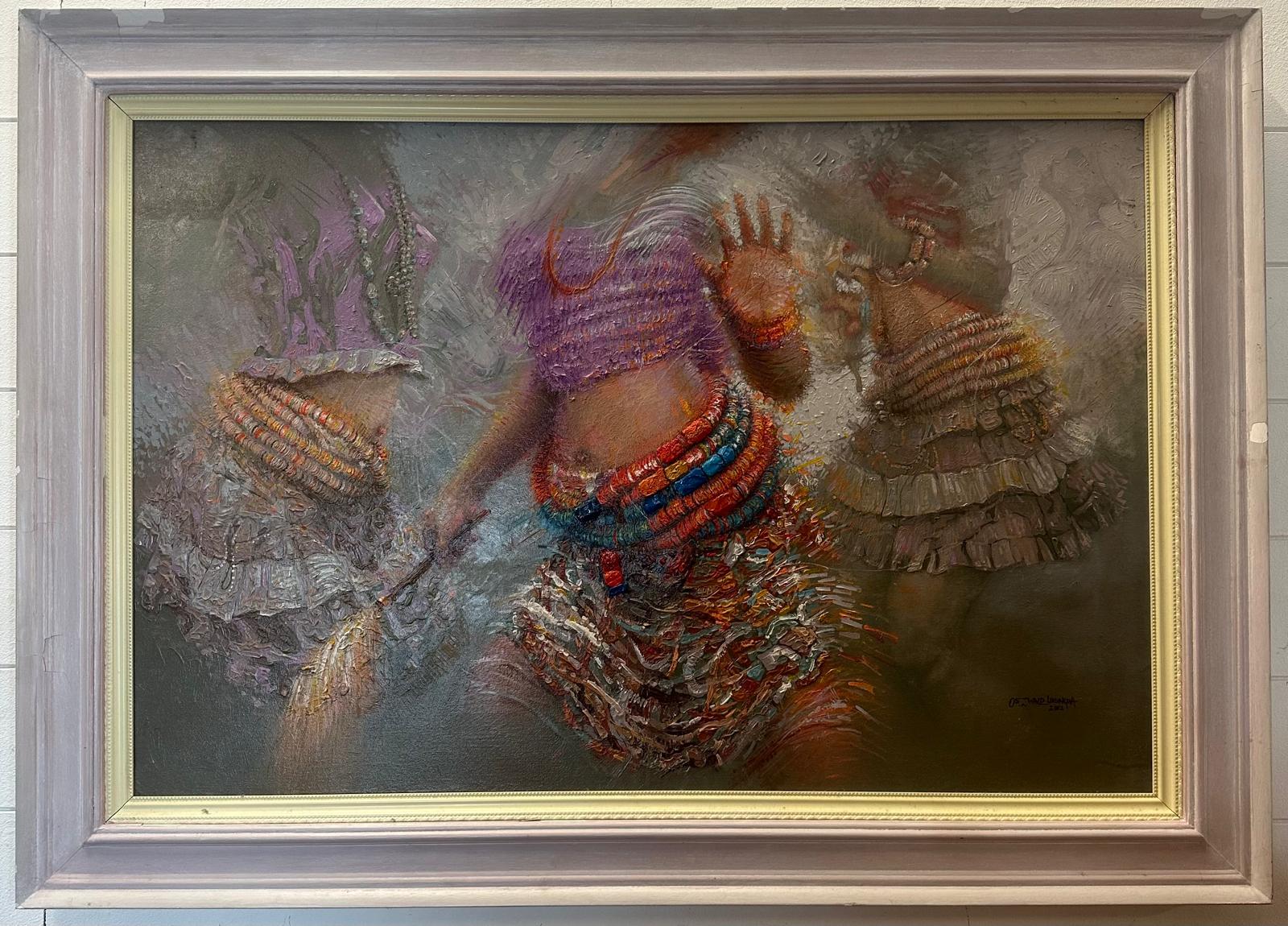 An oil on canvas of a tribal dance scene signed and dated lower right Oswald Anayo Uruakpa 2012