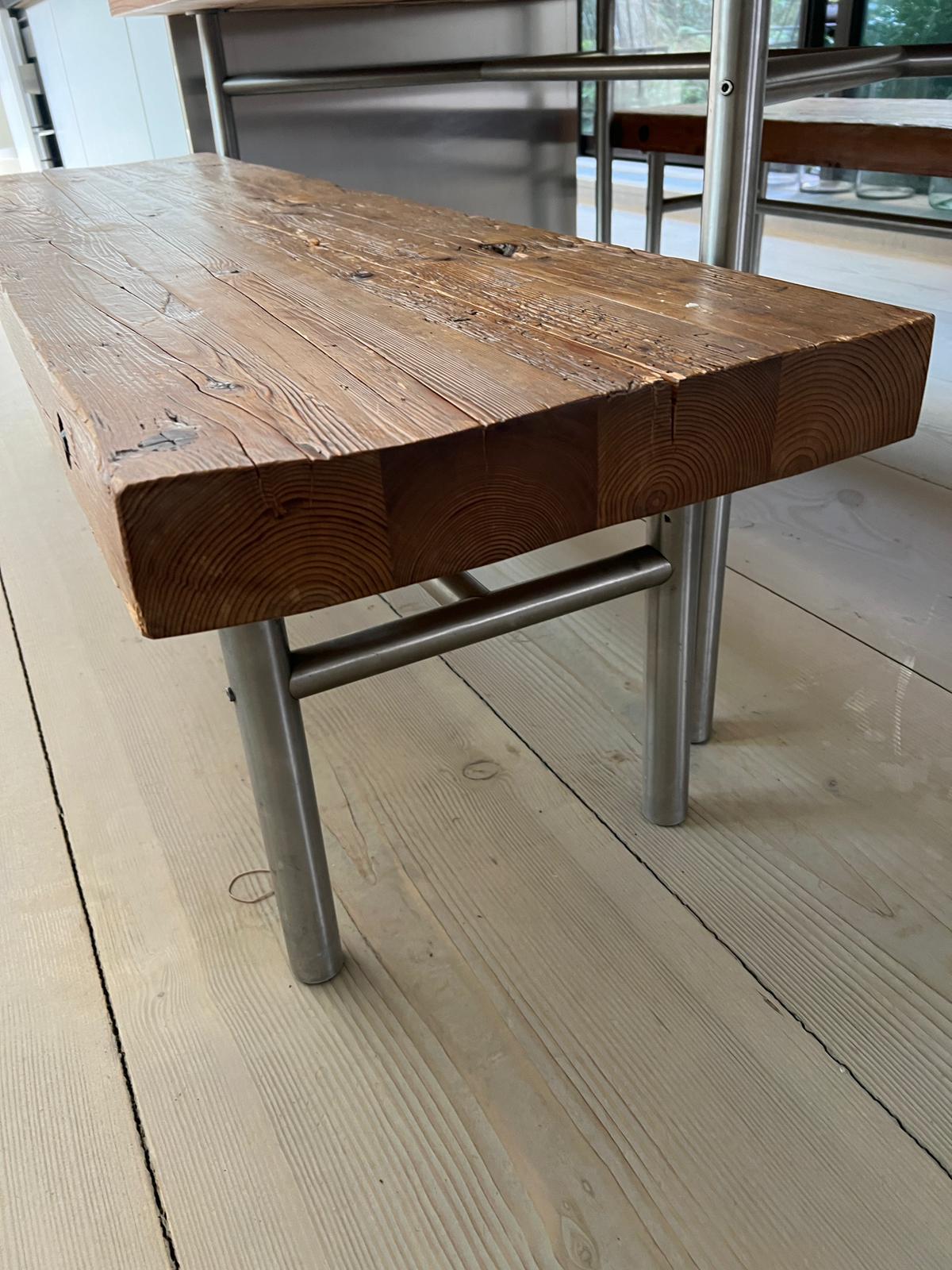A solid oak reclaimed table with plank top and bench seats on chrome legs (H81cm W180cm D118cm) ( - Image 5 of 8