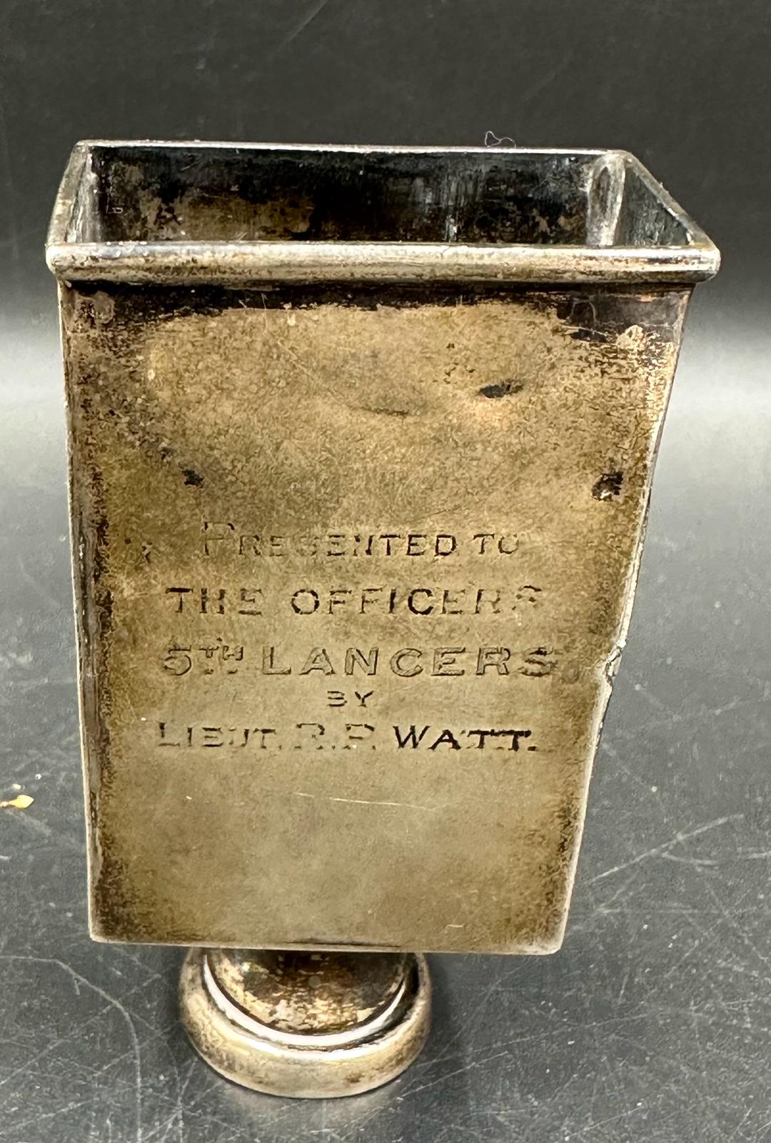 A silver Matchbox case inscribed "Presented To The Officers 5th Lancers by Lieut R.R.Watt" (Total - Image 2 of 5