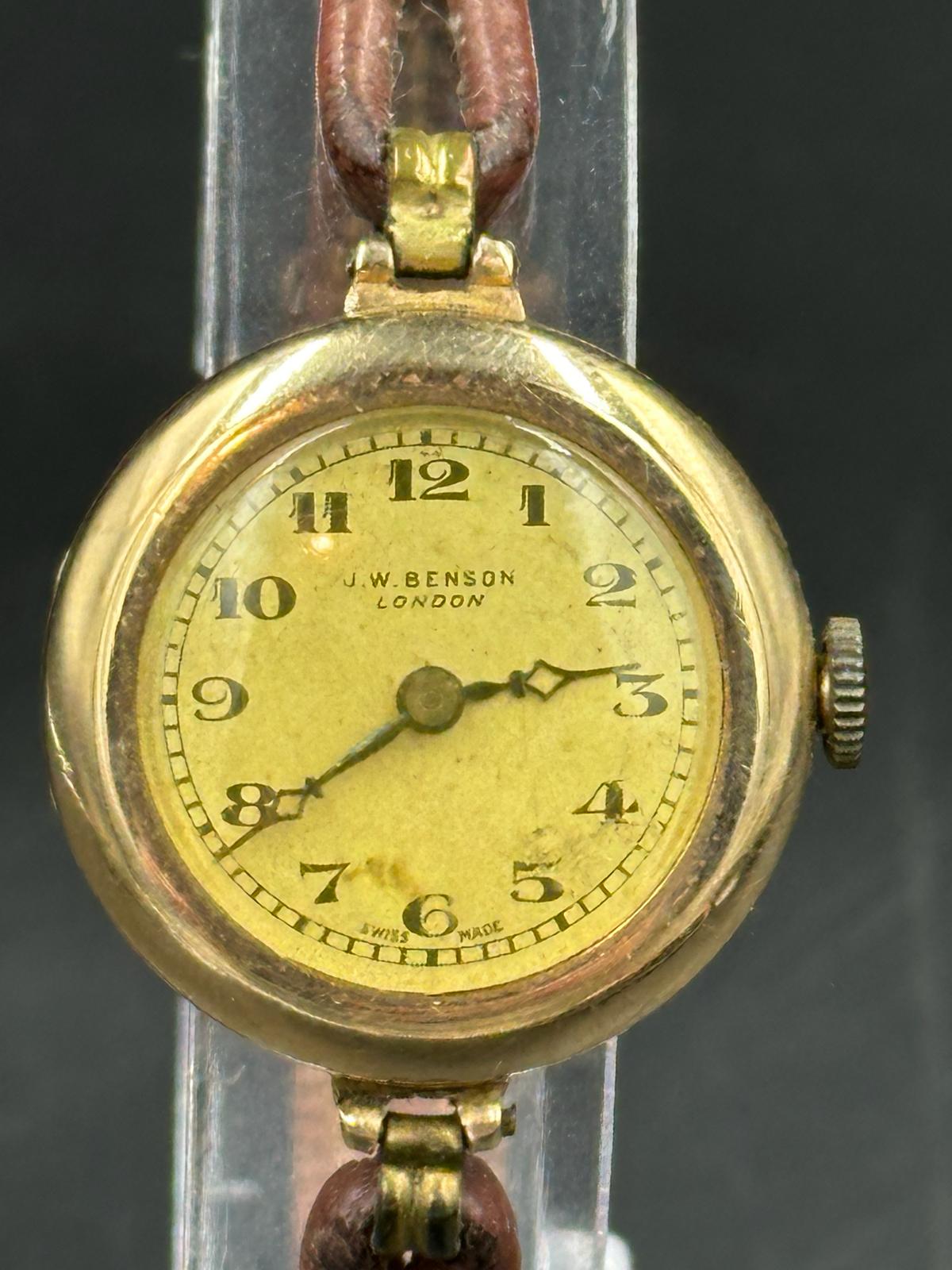 A J W Benson of London ladies wristwatch in 9ct gold on leather bracelet. - Image 2 of 2
