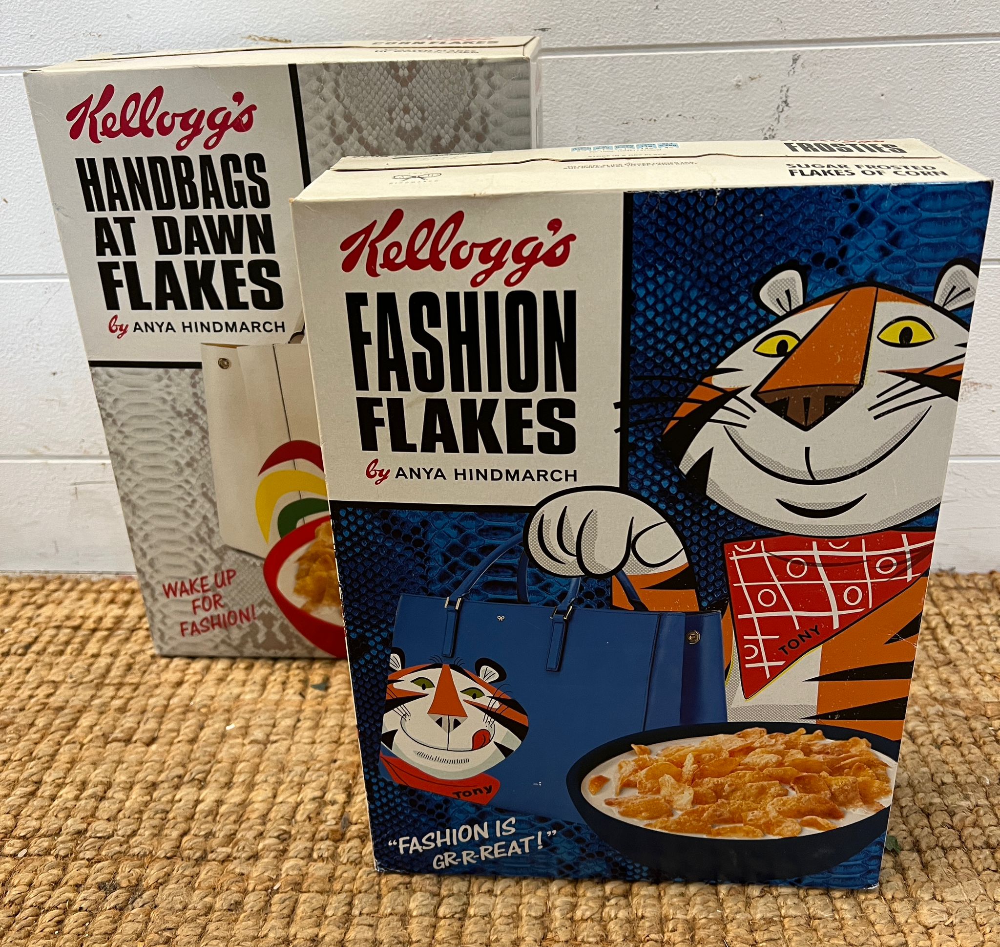 Two boxes of Kelloggs Anya Hindmarch special editions cornflakes boxes unopened