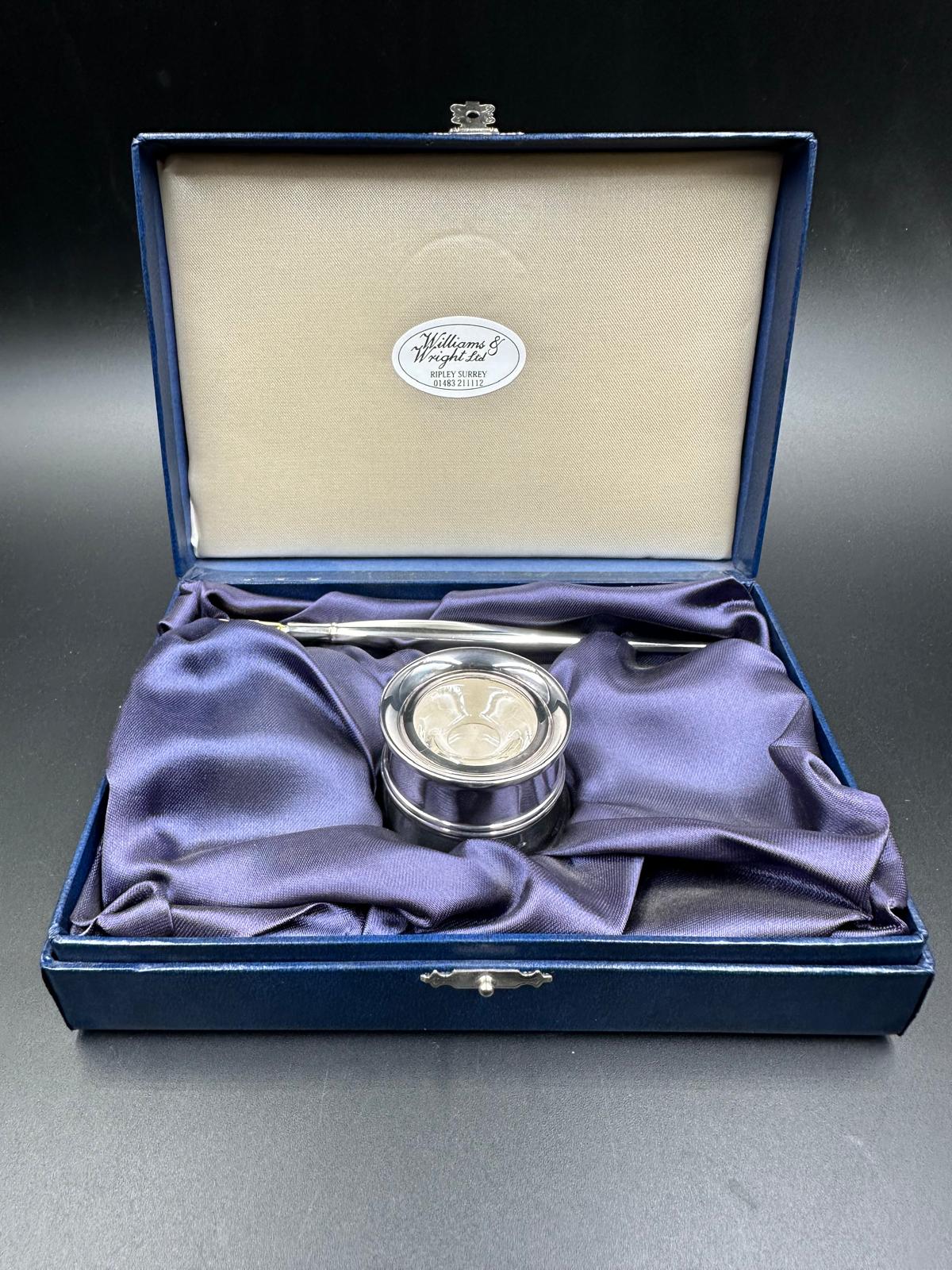 A Carr's of Sheffield Ltd silver writing set to include inkwell and pen, hallmarked for Sheffield