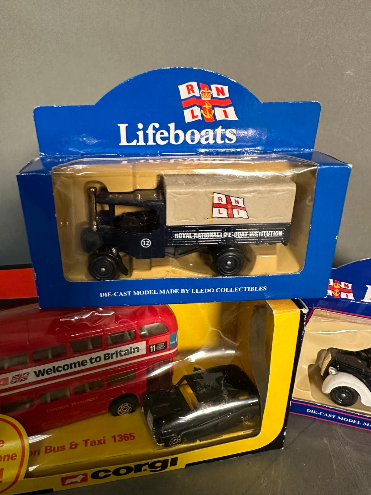 Four boxed toy cars, Corgi lifeboats, a Corgi London bus and black cab and a Matchbox bus - Image 2 of 8