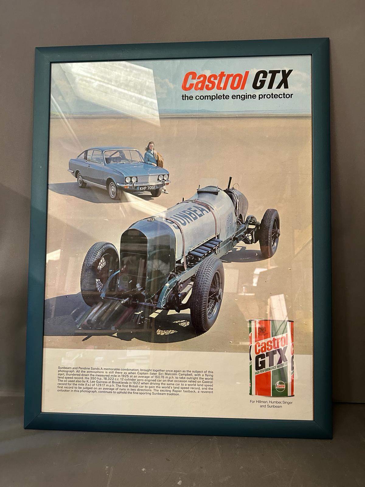 A vintage Castrol GTX The Complete Engine Protector poster featuring a Sunbeam and a Peudine Sands