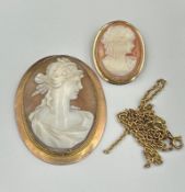 Two 9ct gold Cameo, a brooch and a pendant along with an AF 9ct gold necklace (Approximate weight