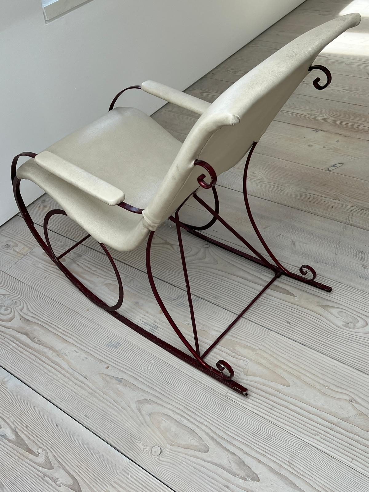 A late Victorian rocking chair with wrought iron frame , upholstered later (H92cm W102cm D53cm) - Image 4 of 5