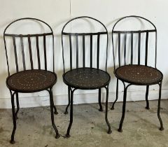 Three Arts and Crafts style iron work chairs (H83cm Dia41cm)
