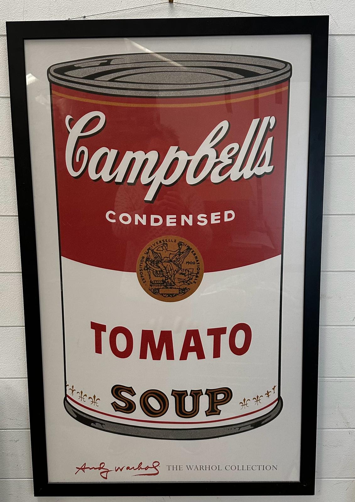 A vintage framed Campbells condensed Tomato soup poster from The Andy Warhol collection 67cm x 118cm