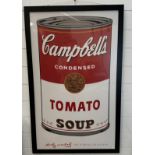 A vintage framed Campbells condensed Tomato soup poster from The Andy Warhol collection 67cm x 118cm