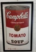 A vintage framed Campbells condensed Tomato soup poster from The Andy Warhol collection 67cm x 118cm