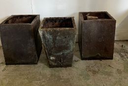 A pair of square copper planters and one tapering copper planter (H42cm SQ28cm)