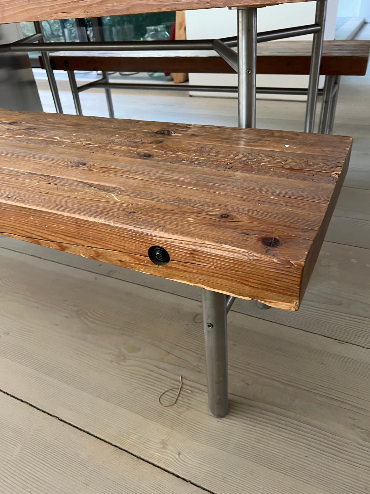 A solid oak reclaimed table with plank top and bench seats on chrome legs (H81cm W180cm D118cm) ( - Image 7 of 8