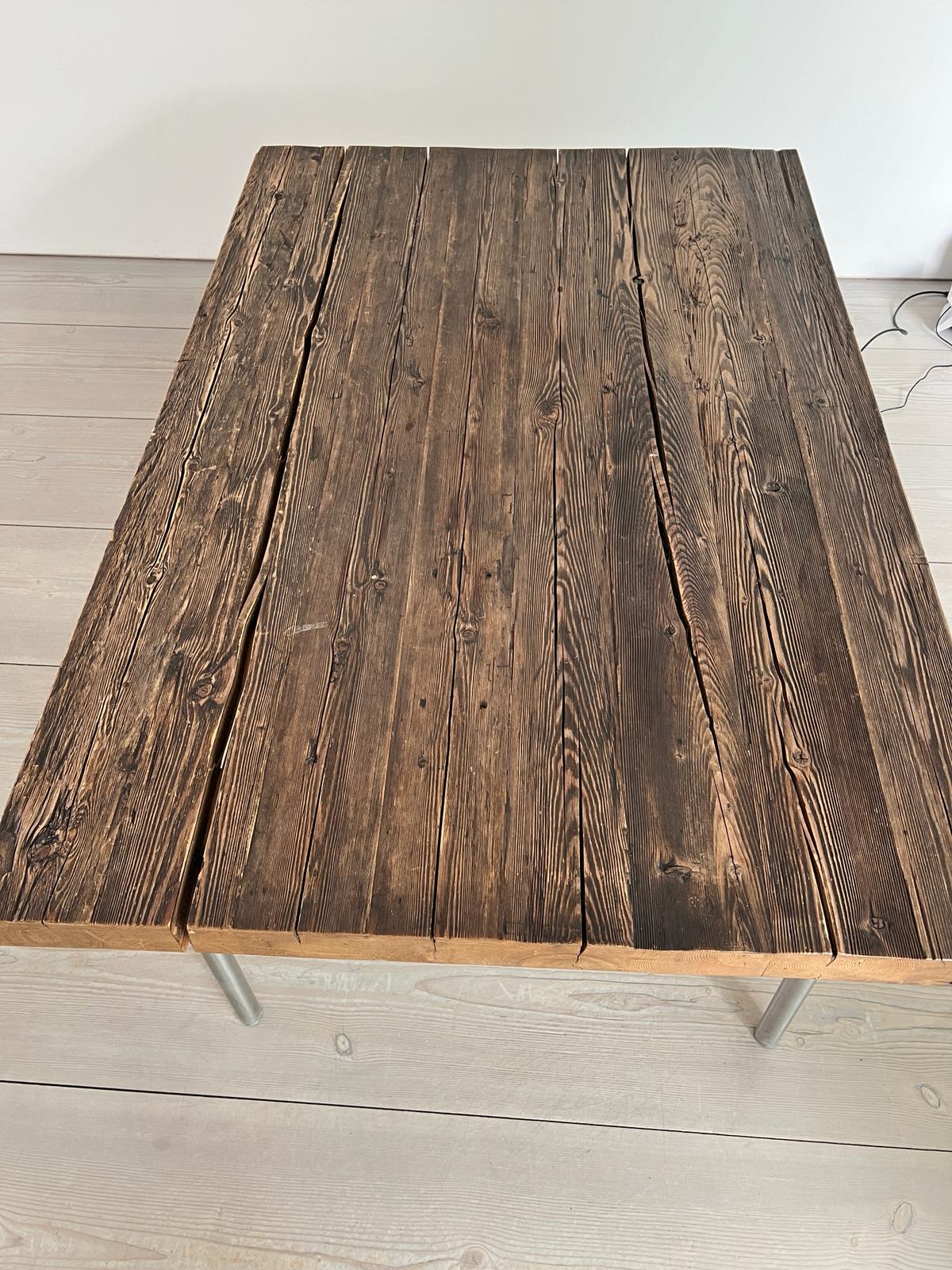 A large oak reclaimed table with plank top and chrome legs (H80cmD120cm W180cm) - Image 3 of 5