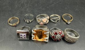 A selection of silver 925 marked rings and three costume jewellery rings, various styles and sizes