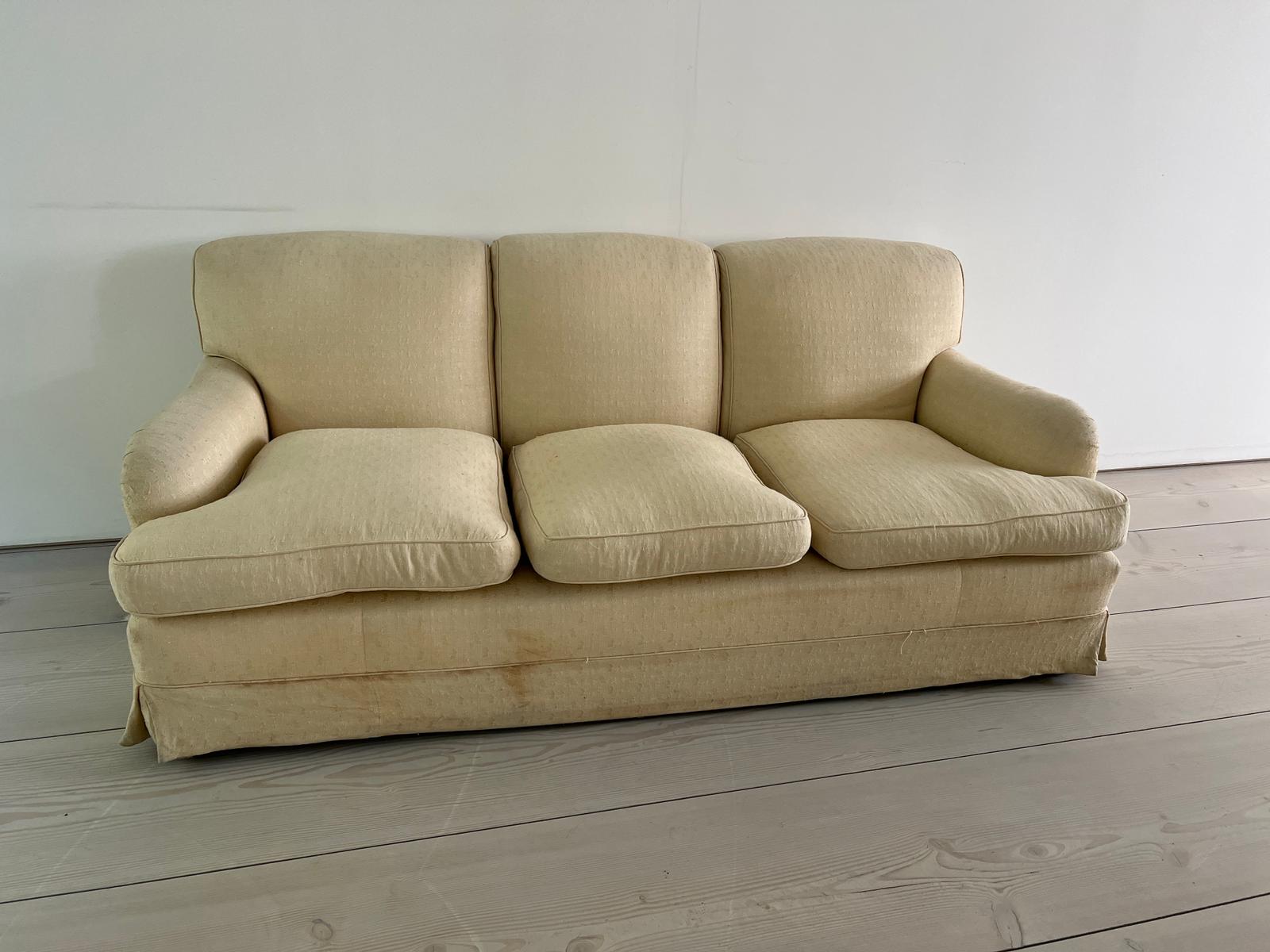 Three seater sofa by Peter Dudgeon (W207cm D86cm) Condition Report Staines and scratches to fabric