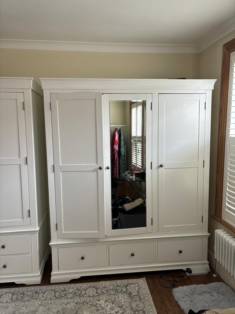 A white three door wardrobe with three drawers below and hanging space above (H200cm W165cm D55cm) - Image 2 of 4