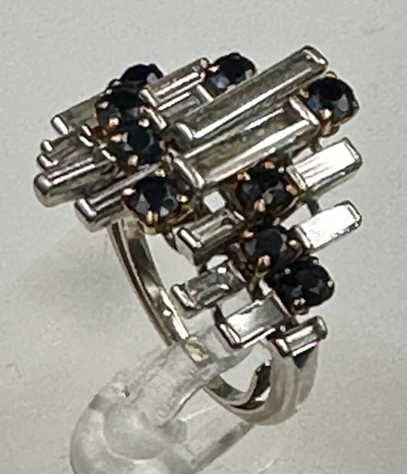 A vintage sapphire baguette cut diamond cocktail ring, diamond 1.2ct and sapphire 0.25ct, untested - Image 2 of 7
