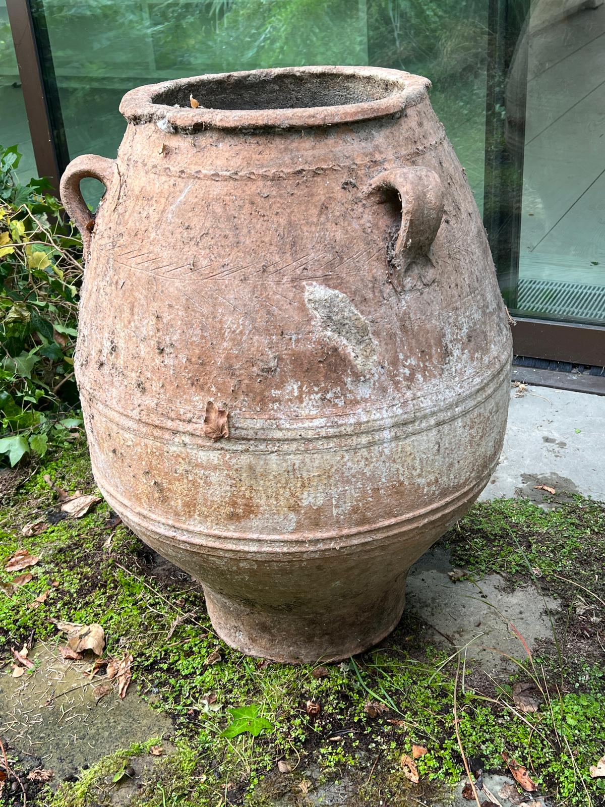 A large olive pitcher terracotta urn with three handles (H83cm Dia39cm) Condition Report - Image 2 of 4