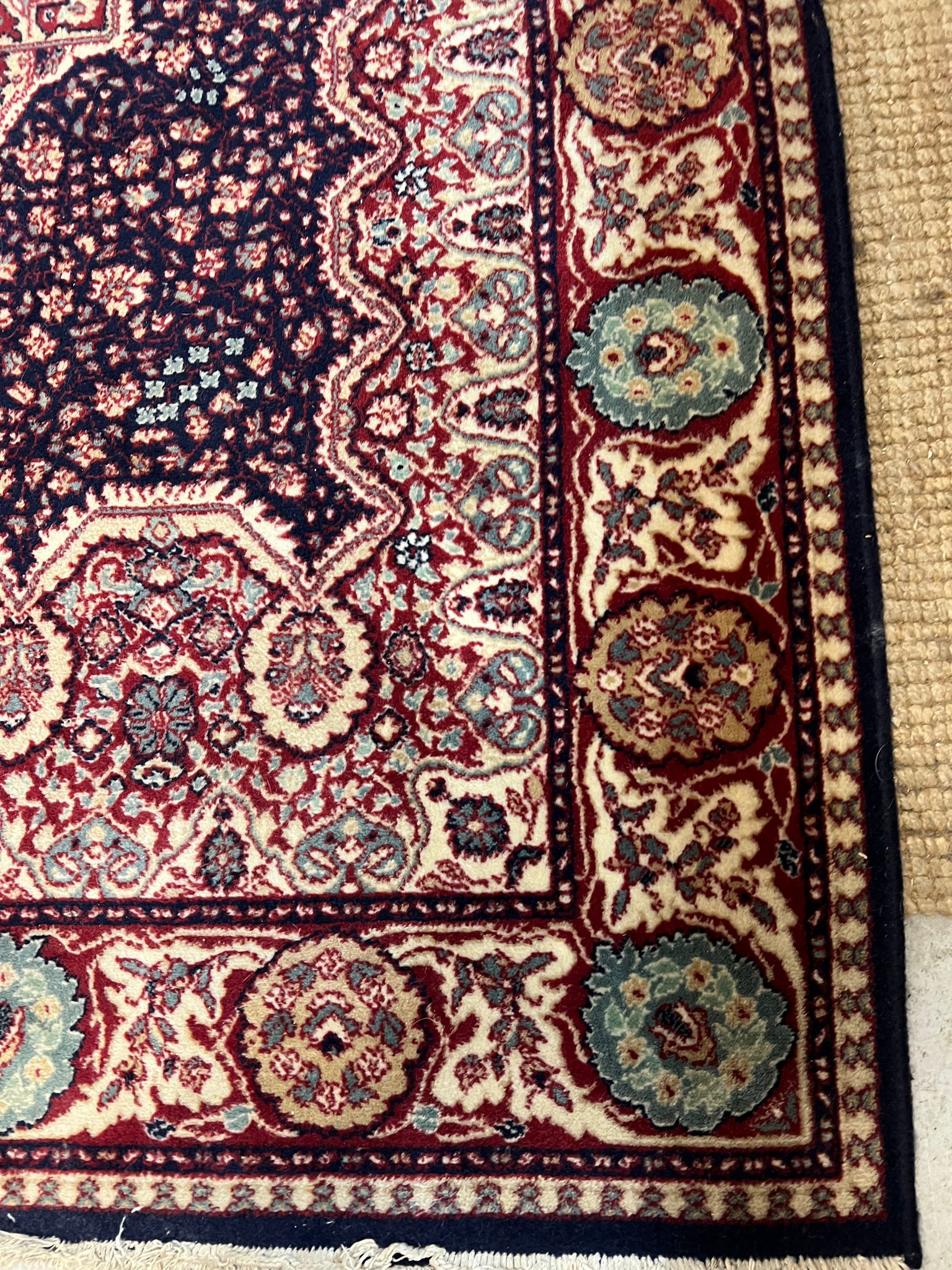 A red ground Wilton rug with dark blue central panel with medallion 200cm x 134cm - Image 2 of 4