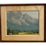 An oil on board of a mountain landscape "Pemberton Meadows" by Canadian artist Karl E Wood 1944-