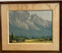 An oil on board of a mountain landscape "Pemberton Meadows" by Canadian artist Karl E Wood 1944-