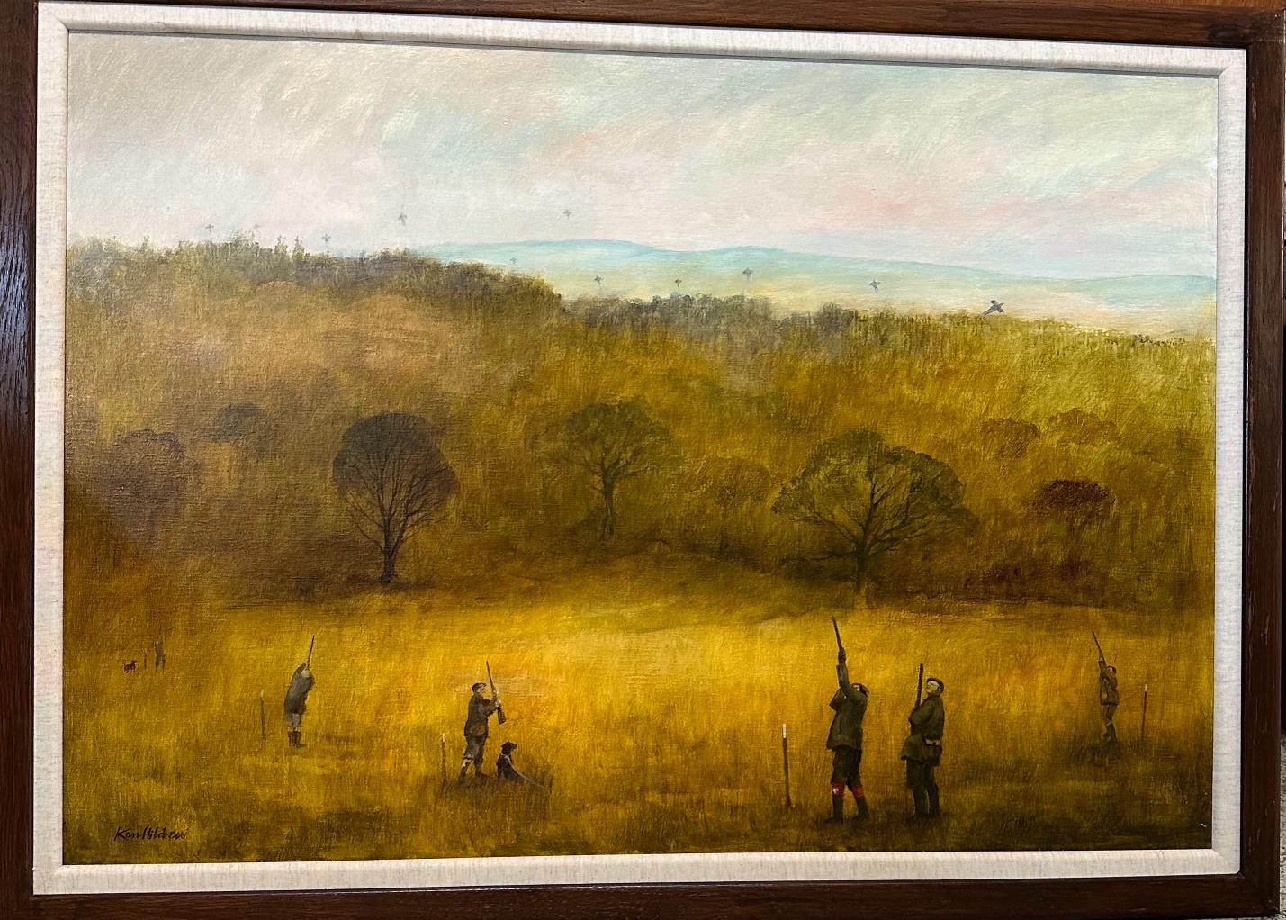An oil on canvas of a rural shooting scene by Ken Hildrew signed lower left 99cm x 69cm