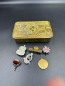 WWI Princes Mary 1914 Christmas tin along with some military badges and insignia