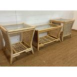 Two glass topped wicker effect conservatory side tables and a coffee table