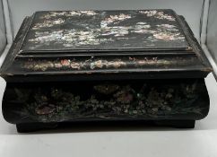 A papier Mache inlaid serving box fitted interior and mother of pearl decoration (H17cm W36cm